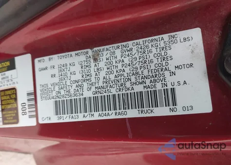 2008 Toyota Tacoma Base V6 z USA, uszkodzony, nr VIN 5TEUU42N28Z563634